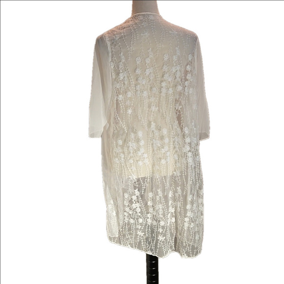 Floral Pattern White Lace Splicing Blouse, Open Front Cover Up Kimono Women 1X - Picture 3 of 13
